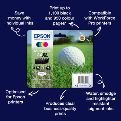 Epson Tinte Kombi-Pack T3466, 34 Original Schwarz, Cyan, Magenta, Gelb C13T34664010, Multipack, Standard