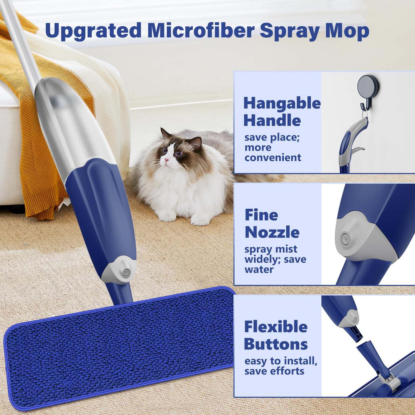 Sprühwischer Bodenwischer mit Sprühfunktion, Wischmopp mit Sprühfunktion Wischer Boden Spray Mop mit wassertank und 3 Waschbaren Mopp Pads für Hartholz, Marmor, Laminat Bodenreinigung