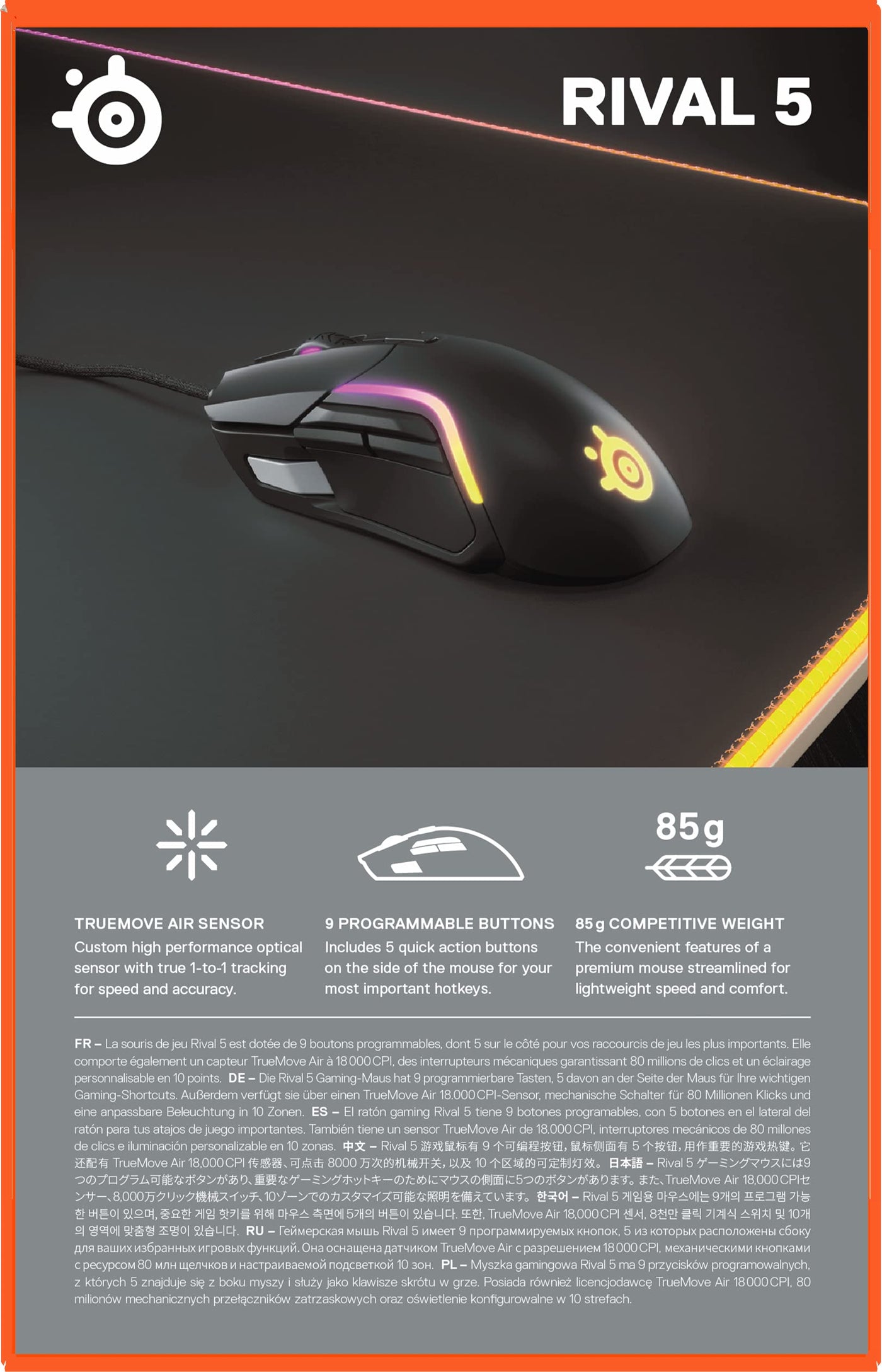 SteelSeries Rival 5 - Gaming-Maus - TrueMove Air Optische Sensor mit 18CPI - 9 programmierbare Tasten - Federleichte 85 Gramm, Schwarz