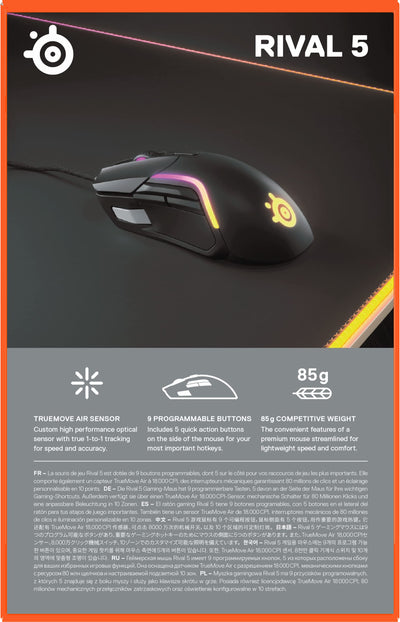 SteelSeries Rival 5 - Gaming-Maus - TrueMove Air Optische Sensor mit 18CPI - 9 programmierbare Tasten - Federleichte 85 Gramm, Schwarz