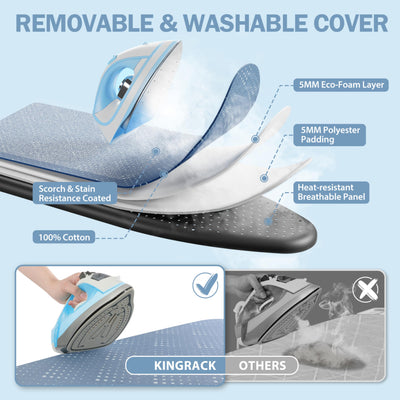 KINGRACK Bügelbrett, Bügelbretter mit Aufbewahrungshaken, Extra Dicker, Hitzebeständiger Bezug, 7 Höhenverstellbar, Bügeltisch mit Antirutschfüßen Schwerlast, Blau