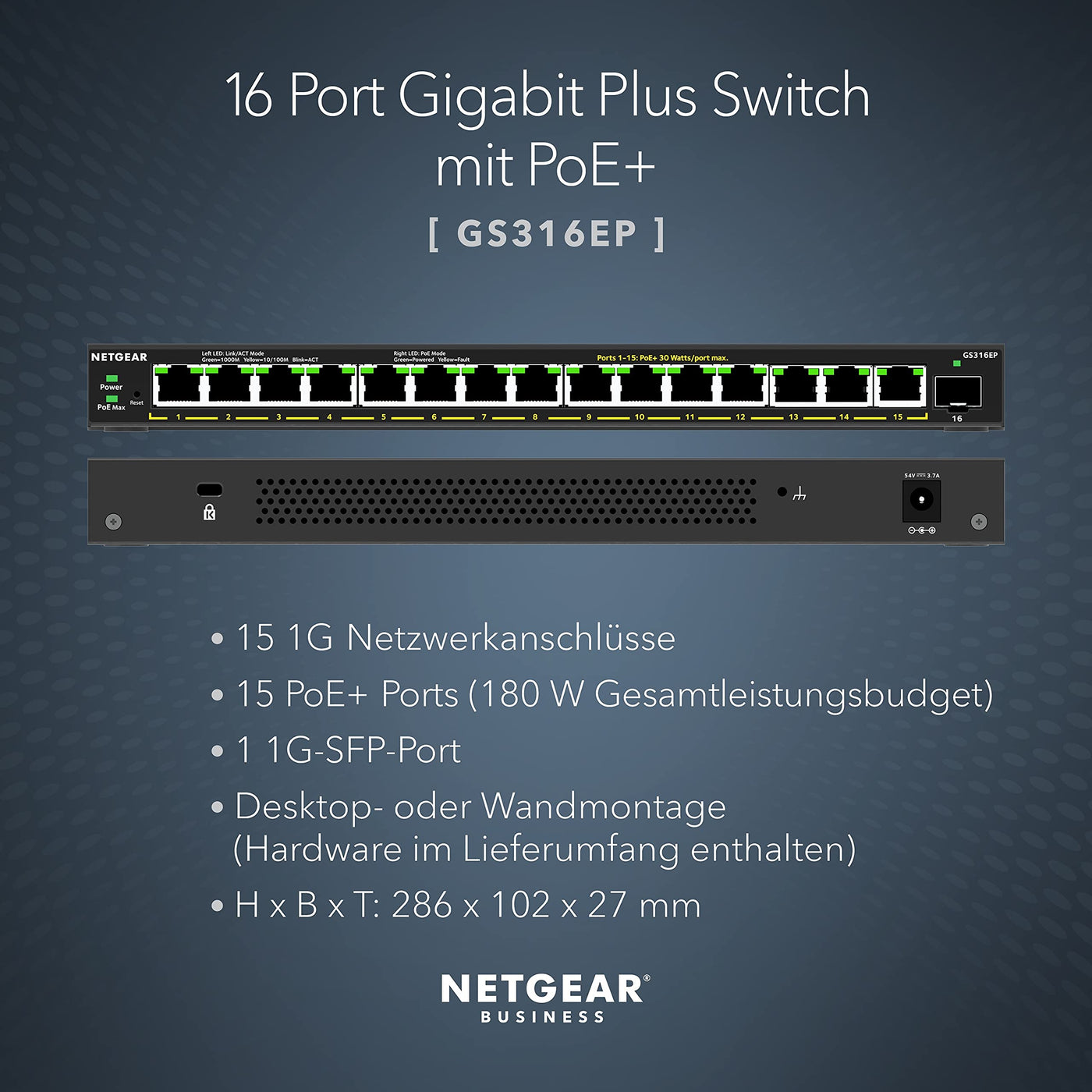 NETGEAR GS316EP Switch 16 Port Gigabit Ethernet LAN PoE Switch Plus (mit 15x PoE+ 180W & 1x SFP, Managed Netzwerk Switch mit IGMP Snooping, QoS, VLAN, lüfterlos)