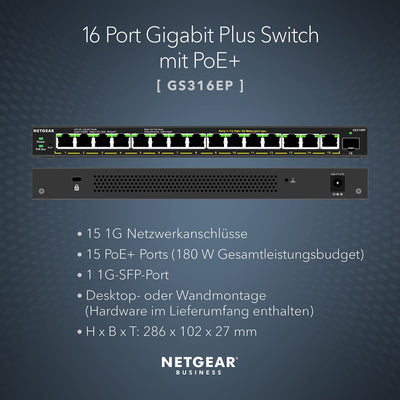 NETGEAR GS316EP Switch 16 Port Gigabit Ethernet LAN PoE Switch Plus (mit 15x PoE+ 180W & 1x SFP, Managed Netzwerk Switch mit IGMP Snooping, QoS, VLAN, lüfterlos)