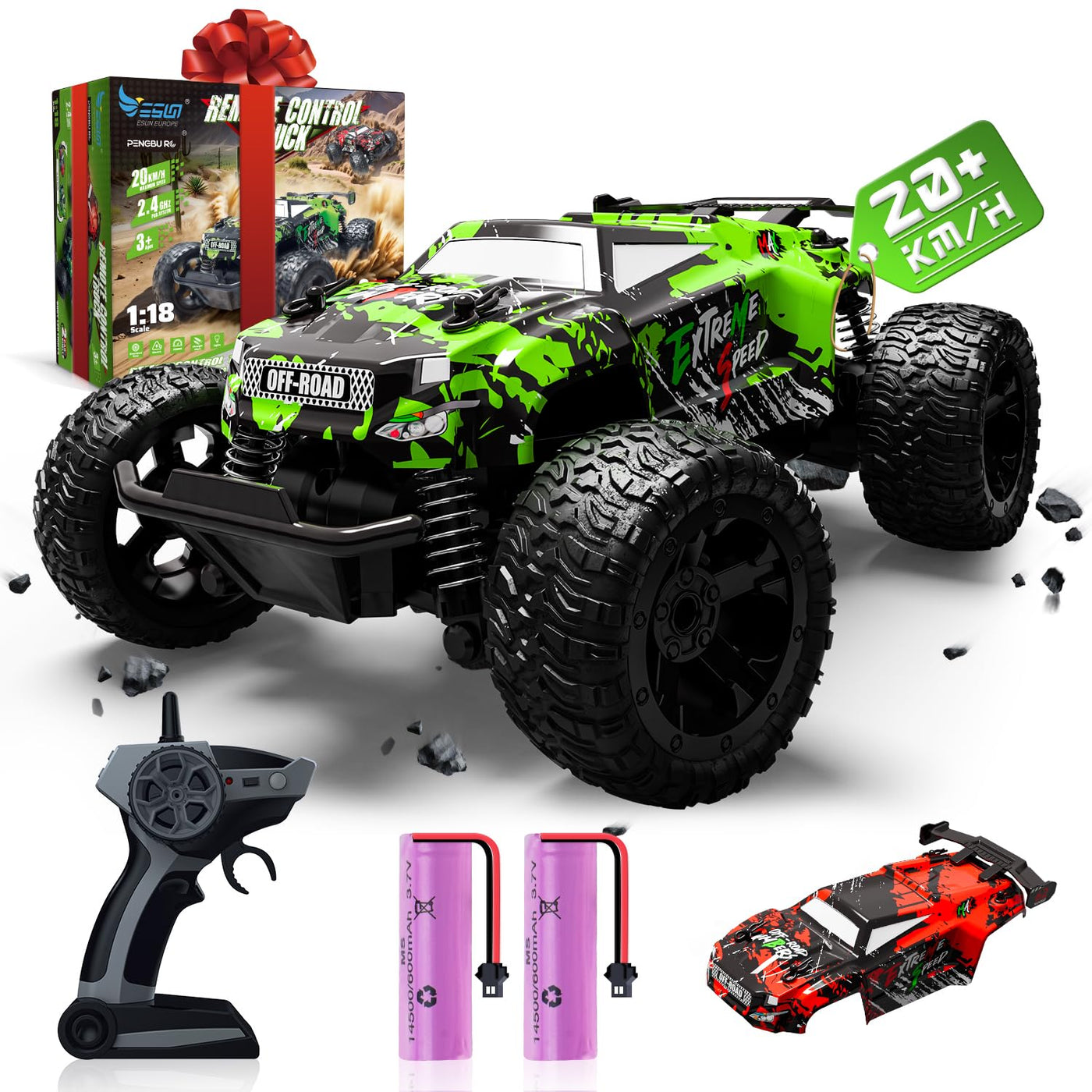 Ferngesteuertes Auto ab 3 4 6 8 Jahre, 1:18 Ferngesteuerter Monstertruck Ferngesteuert Mit Karosserielicht/Doppelschale, RC Auto Ferngesteuert ab 3 4 6 8 Jahre Kinder Geschenke für Jungen und Mädchen