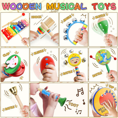 MZJAUVF 33Stück Musikinstrumente für Kinder, Musikinstrumente Musical Instruments Set, Holz Percussion Set, Xylophone für Kinders, Percussion Instrumente Kinders, Montessori Spielzeug ab 1 2 3 Jahre