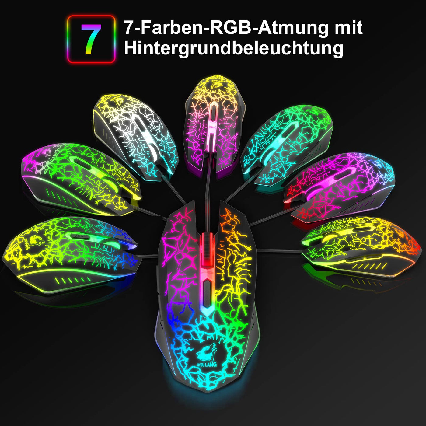 QWERTZ Deutsches DE Layout Kabelgebundene Gaming Tastatur und Maus Set 104 tasten LED Regenbogen Farben Beleuchtete 2400 DPI 6-Tasten-Maus Tastatur und Maus kompatibel mit PC PS5 PS4 Xbox-Schwarze