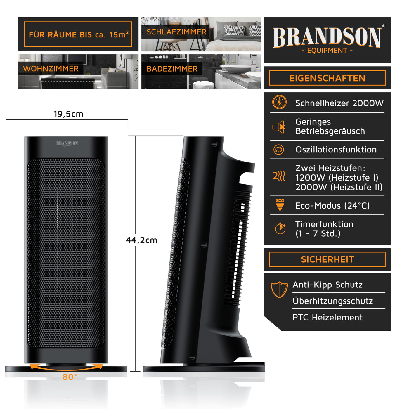 Brandson - Heizlüfter mit Fernbedienung - Preisträger 2025 - energiesparend leise - mit Thermostat Oszillation Timer - Schwarz