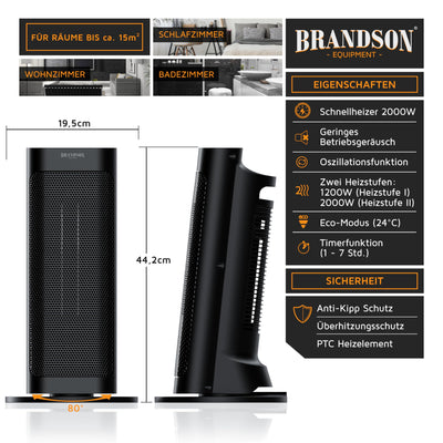 Brandson - Heizlüfter mit Fernbedienung - Preisträger 2025 - energiesparend leise - mit Thermostat Oszillation Timer - Schwarz