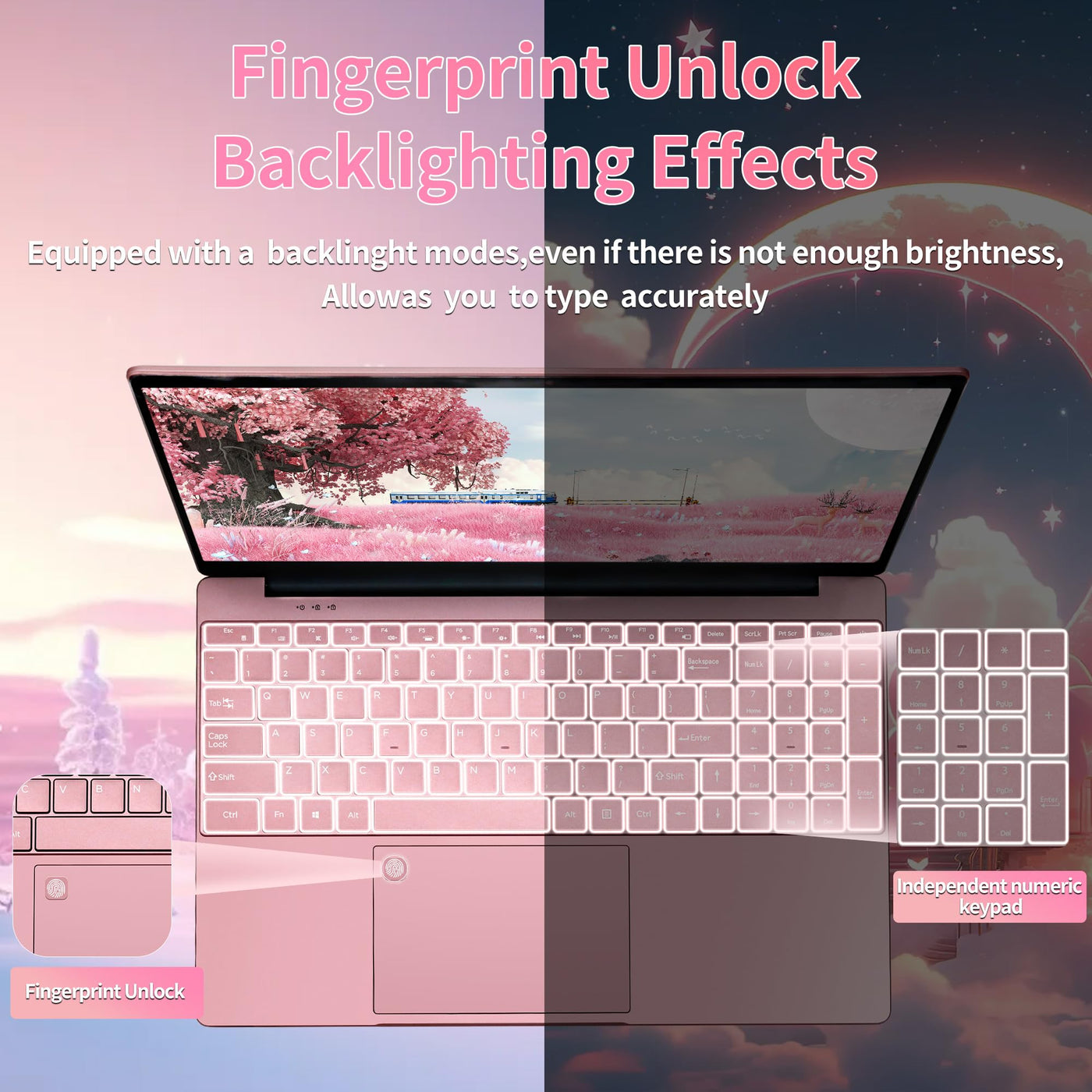 Amita 15,6" Rosa Laptop, 12.Gen N95 (bis zu 3,4 GHz),16 GB DDR4 RAM, 1TB NVME SSD,Win 11Pro & Office 365,Tragbares Notebook mit hintergrundbeleuchteter Tastatur,Dual-Band WiFi (16+1T)