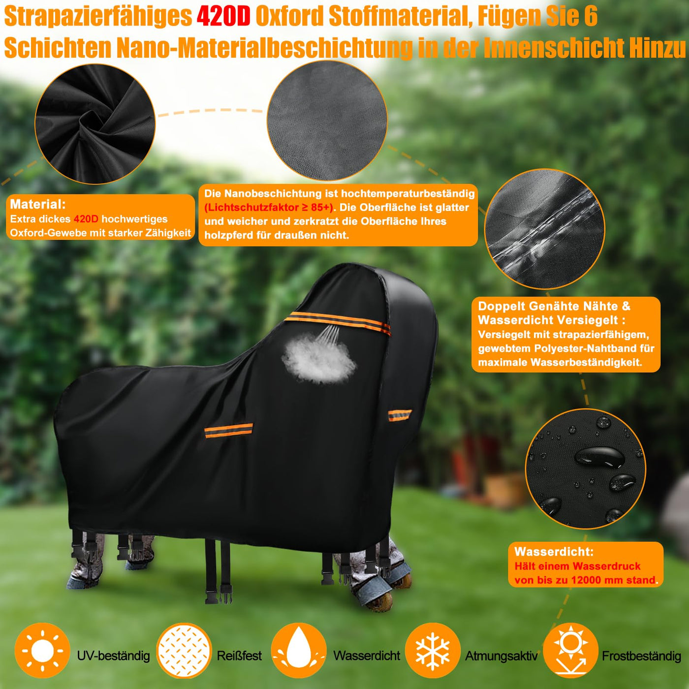 Abdeckung für Holzpferd Wasserdicht Outdoor, 420D Oxford Holzpferd für Draußen Abdeckplanen, UV-beständig Universal Garten-pferd Abdeckplane mit Wasserdichten Streifen & 5 Reflektierenden Streifen