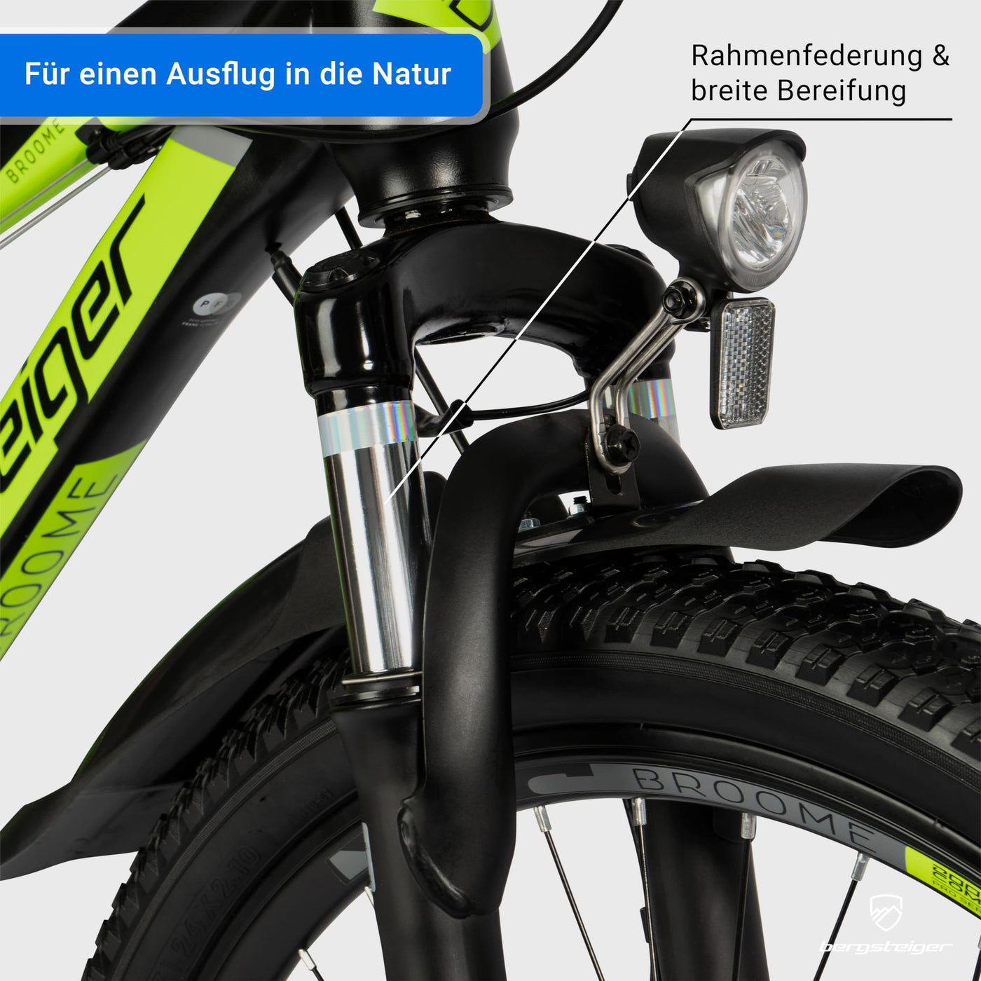 Bergsteiger Broome 24, 26 Zoll Kinderfahrrad, Shimano 21 Gang-Schaltung, StVZO, Mountainbike mit Vollfederung, Scheibenbremsen & Dynamo-Licht, geeignet für 8, 9, 10, 11, 12, 13 Jahre, Jungen & Mädchen