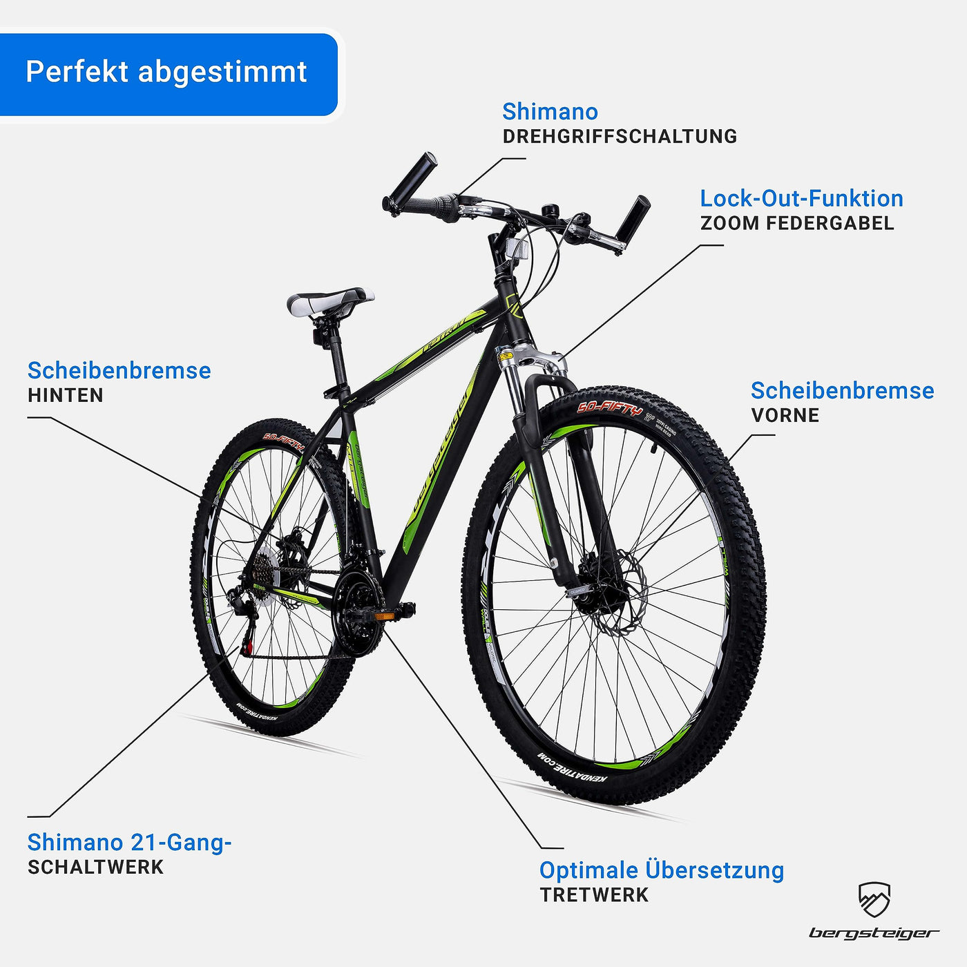 Bergsteiger Detroit 29 Zoll Mountainbike, geeignet ab 170 cm, Scheibenbremse, Shimano 21 Gang-Schaltung, Gabel-Federung mit Lockout-Funktion, Jungen-Fahrrad & Herren-Fahrrad