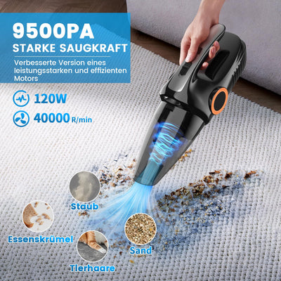 NHOWIN Handstaubsauger Kabellos, 9500Pa Starke Saugkraft Handstaubsauger Akku 6000mAh Lange Akkulaufzeit Handstaubsauger Auto Staubsauger Mini Staubsauger mit 2 Filtern für Haus, Auto, Tierhaare