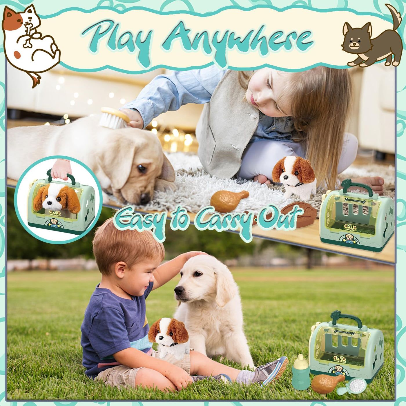 STAY GENT Roboter Hund Spielzeug Kinder Geschenke Mädchen Spielzeug ab 2 3 4 5 6 7 Jahre, 12 STK Rollenspiel Interaktives Elektronisches Hund Plüsch Kuscheltier Läuft Bellt & Transportkäfig Haustier