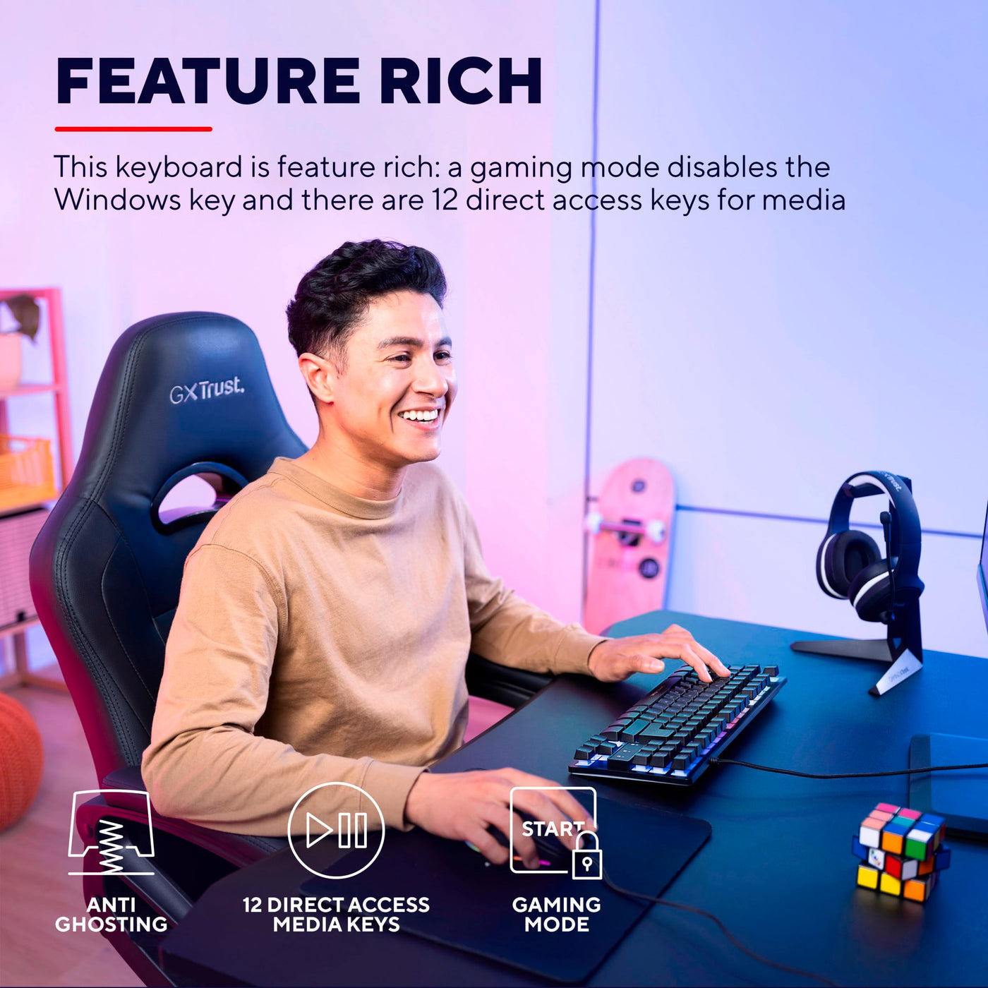 Trust Gaming Tastatur mit TKL-Design GXT 833 Thado - Beleuchtete Tastatur mit Deutsches QWERTZ Layout, Anti-Ghosting, Mehrfarbige LED-Beleuchtung, 12 Media-Tasten, USB Plug & Play, PC/Laptop