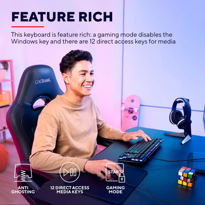Trust Gaming Tastatur mit TKL-Design GXT 833 Thado - Beleuchtete Tastatur mit Deutsches QWERTZ Layout, Anti-Ghosting, Mehrfarbige LED-Beleuchtung, 12 Media-Tasten, USB Plug & Play, PC/Laptop