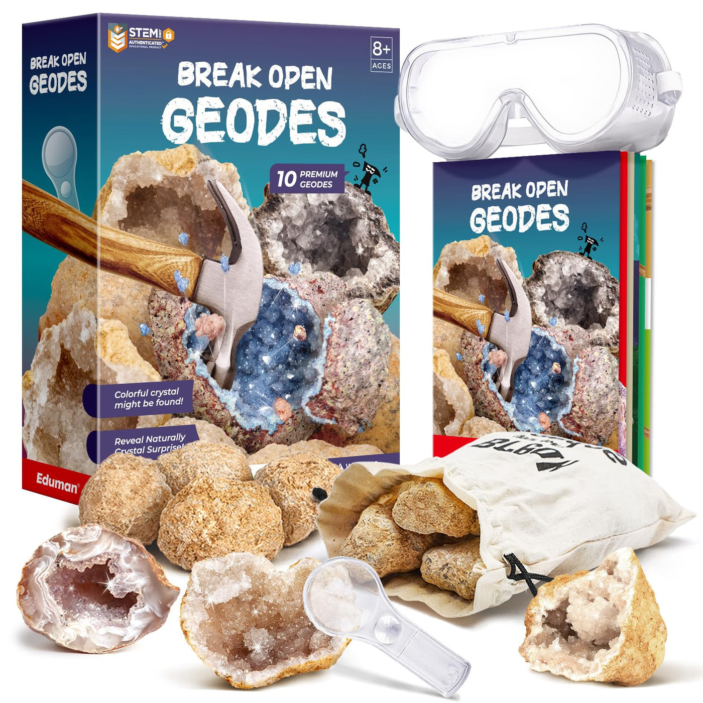 EDUMAN Geoden Zum Aufbrechen für Kinder, Natur Geoden Set in Groß und Klein, Inklusive Schutzbrille, Lupe, Aufbewahrungstasche, Geschenke für Jungen und Mädchen ab 8 Jahre