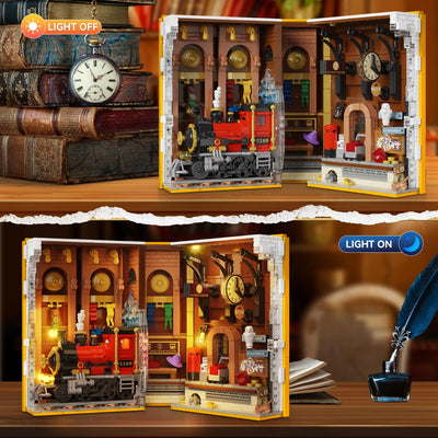 HOGOKIDS Magischer Bahnhof Book Nook Bauspielzeug Set mit LED, 1300 Pcs Buchstützen-Bausteinsatz für Bücherregal, Heimdekoration, DIY Booknook Geschenke für Erwachsene, Jungen Mädchen ab 10 Jahren