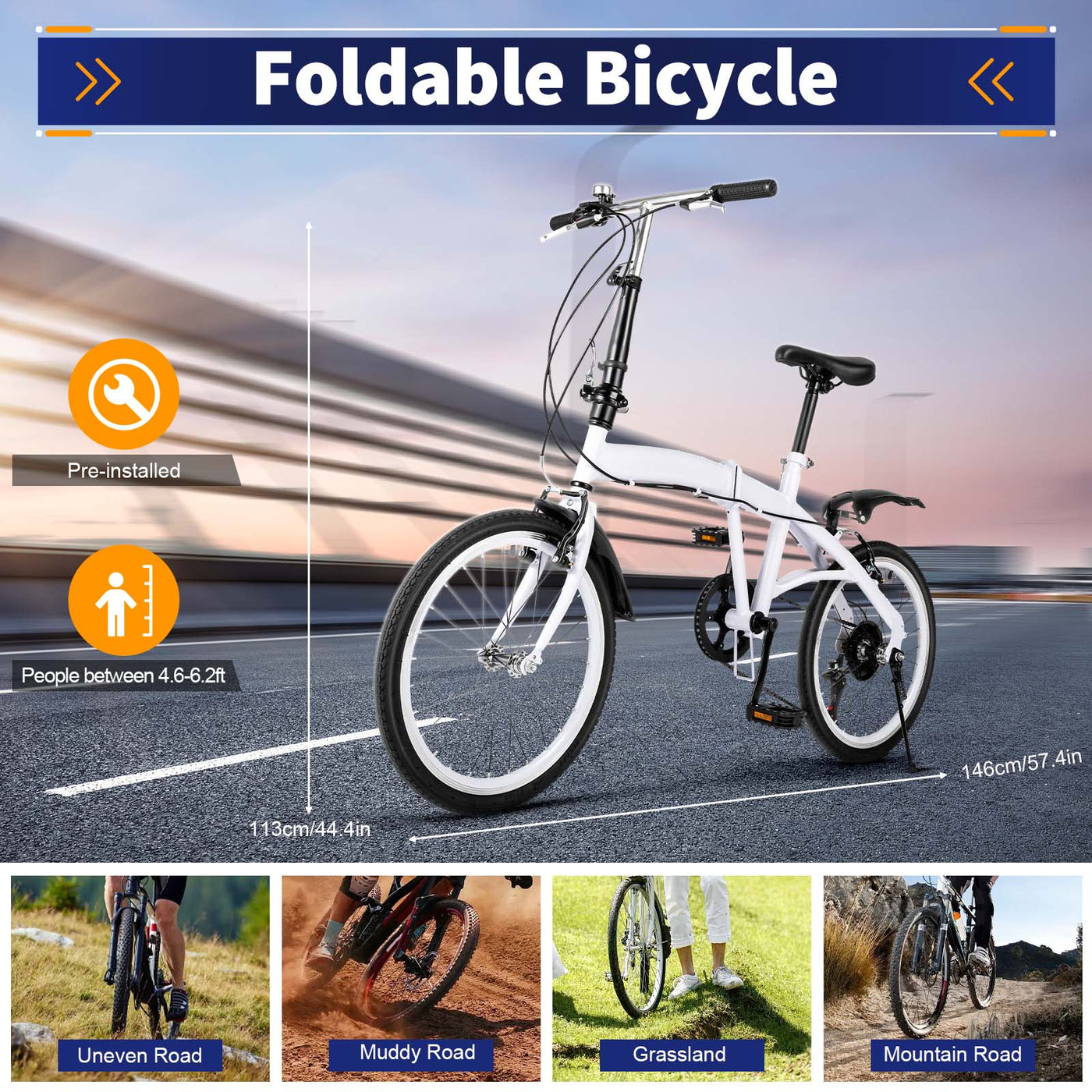 TFCFL 20 Zoll Faltrad Klapprad Einstellbare Höhe Leichtgewicht Fahrrad Mountainbike 7 Gang Schalthebel Doppel V Bremse Erwachsenenfahrrad für Herren Damen Studenten Weiß