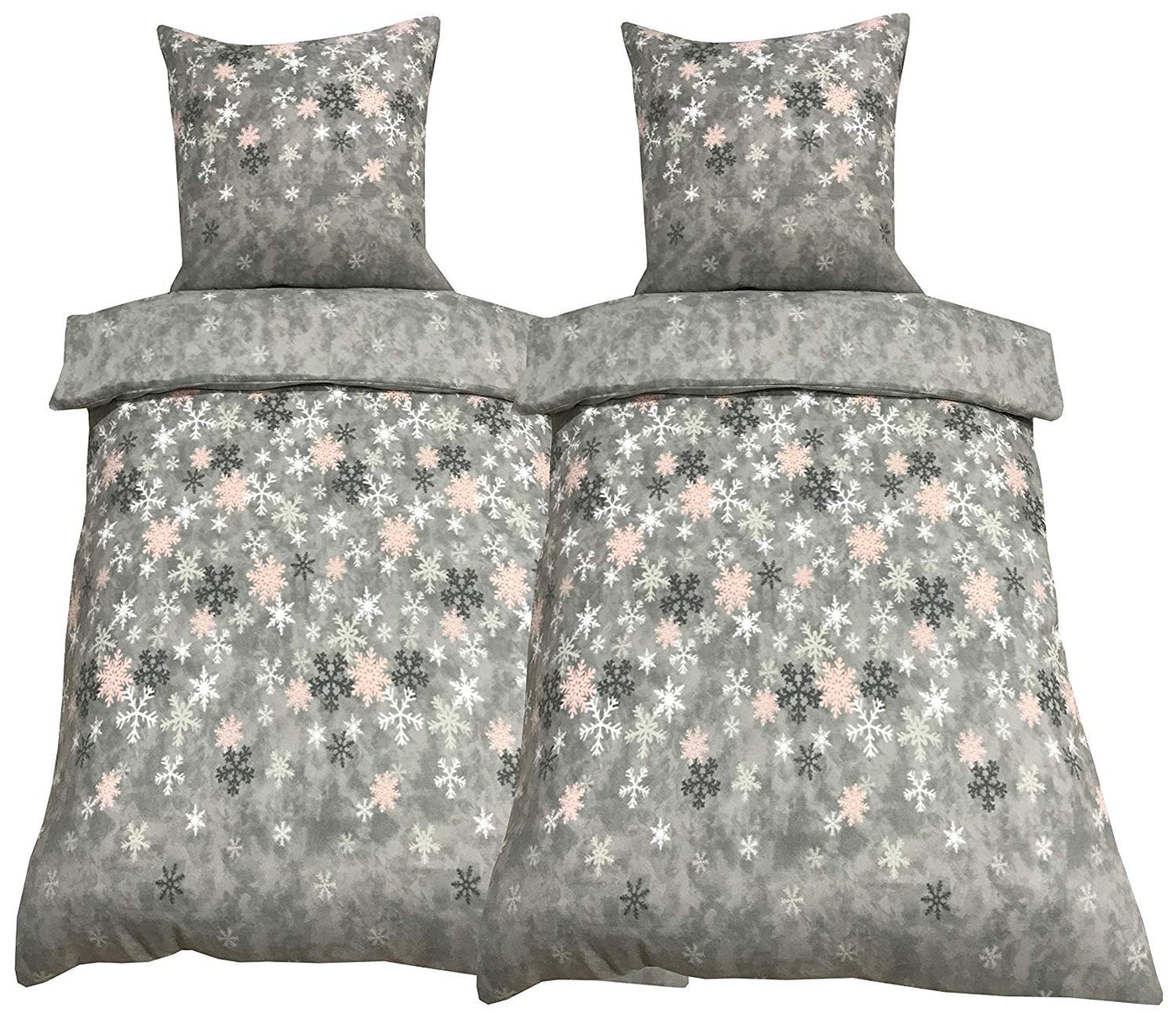 Leonado-Vicenti 4 TLG Winter Fleece Bettwäsche 135x200 Schneekristalle Grau flauschig kuschelig mit Reißverschluss