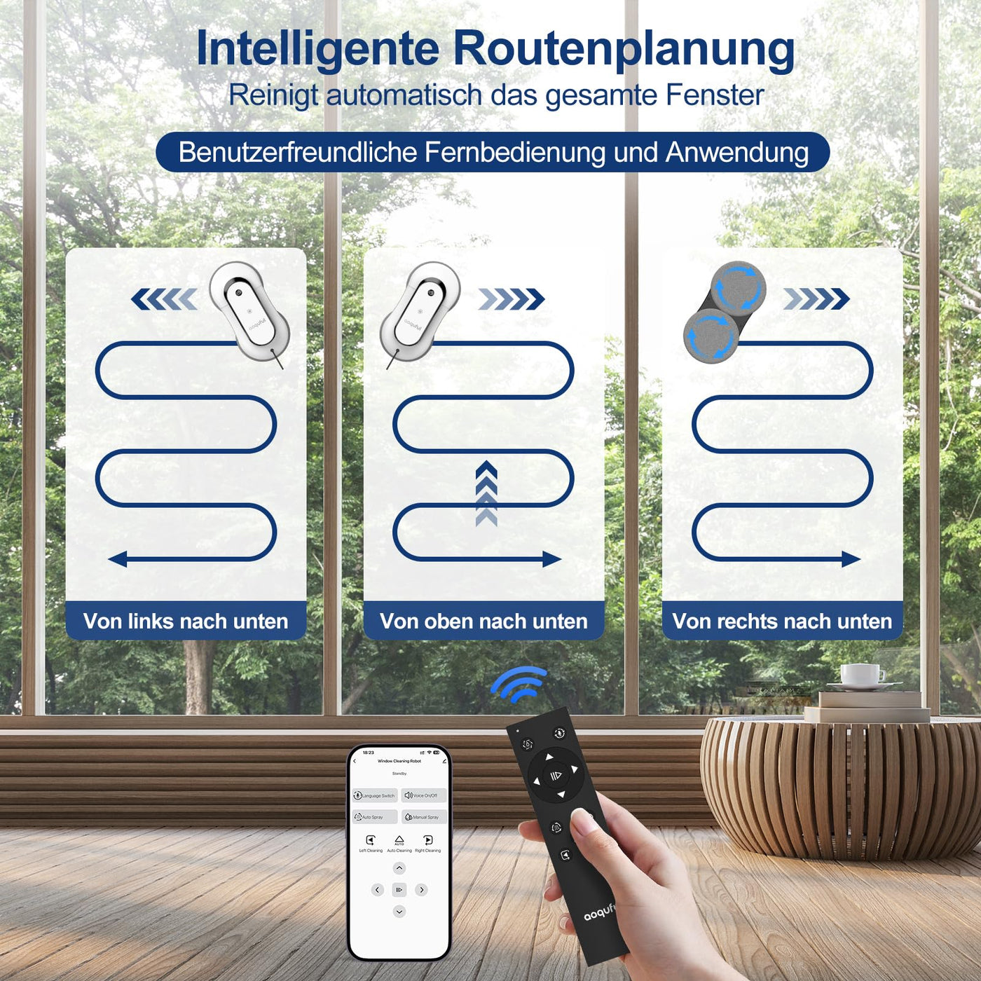 AOQUFUL intelligenter Fensterputzroboter, elektrischer Fensterputzer mit Dual-Wasserspray, automatischer Fensterroboter mit Fernbedienung und App, für Innen- und Außenfenster und Glas,12 Tücher, weiß
