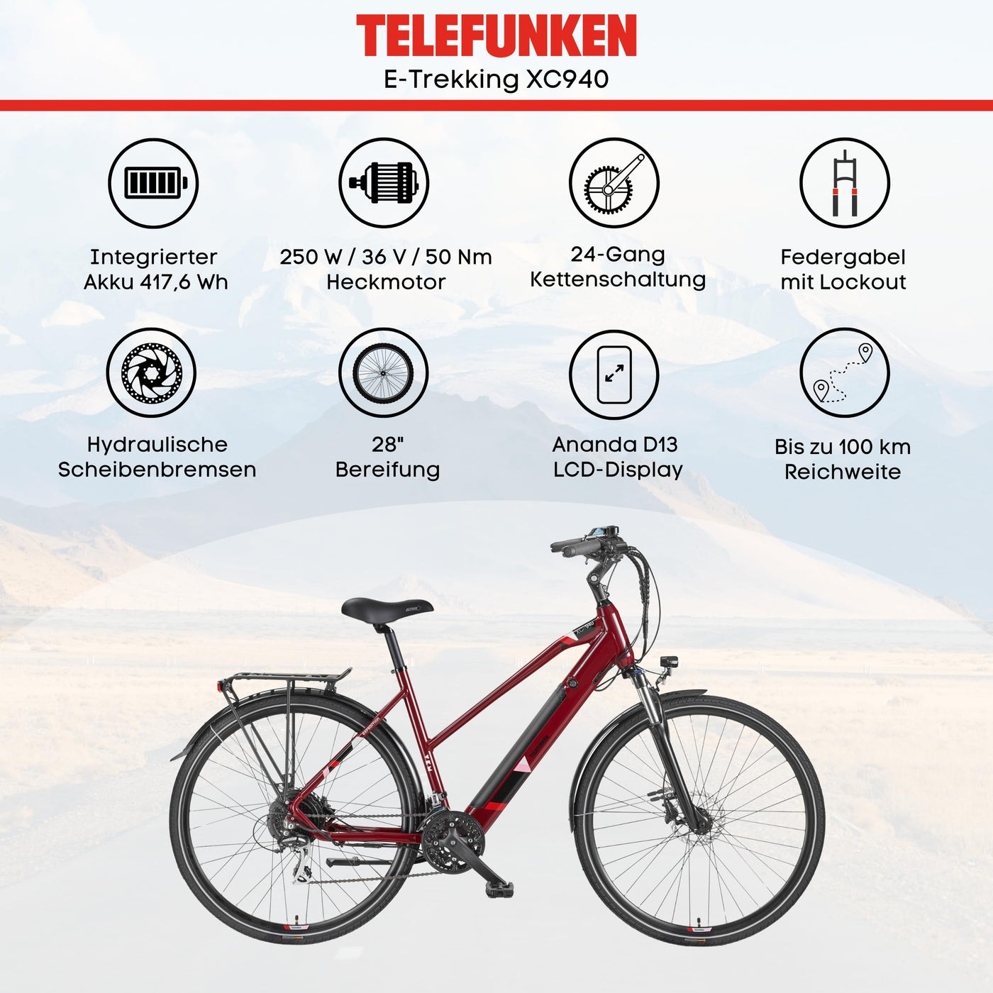 TELEFUNKEN E-Bike Damen Elektrofahrrad Alu 28 Zoll mit 24-Gang Shimano Acera Kettenschaltung, Pedelec Trekkingrad mit Hinterrad-Motor 250W 11,6 Ah, 36V Akku, XC940 Expedition