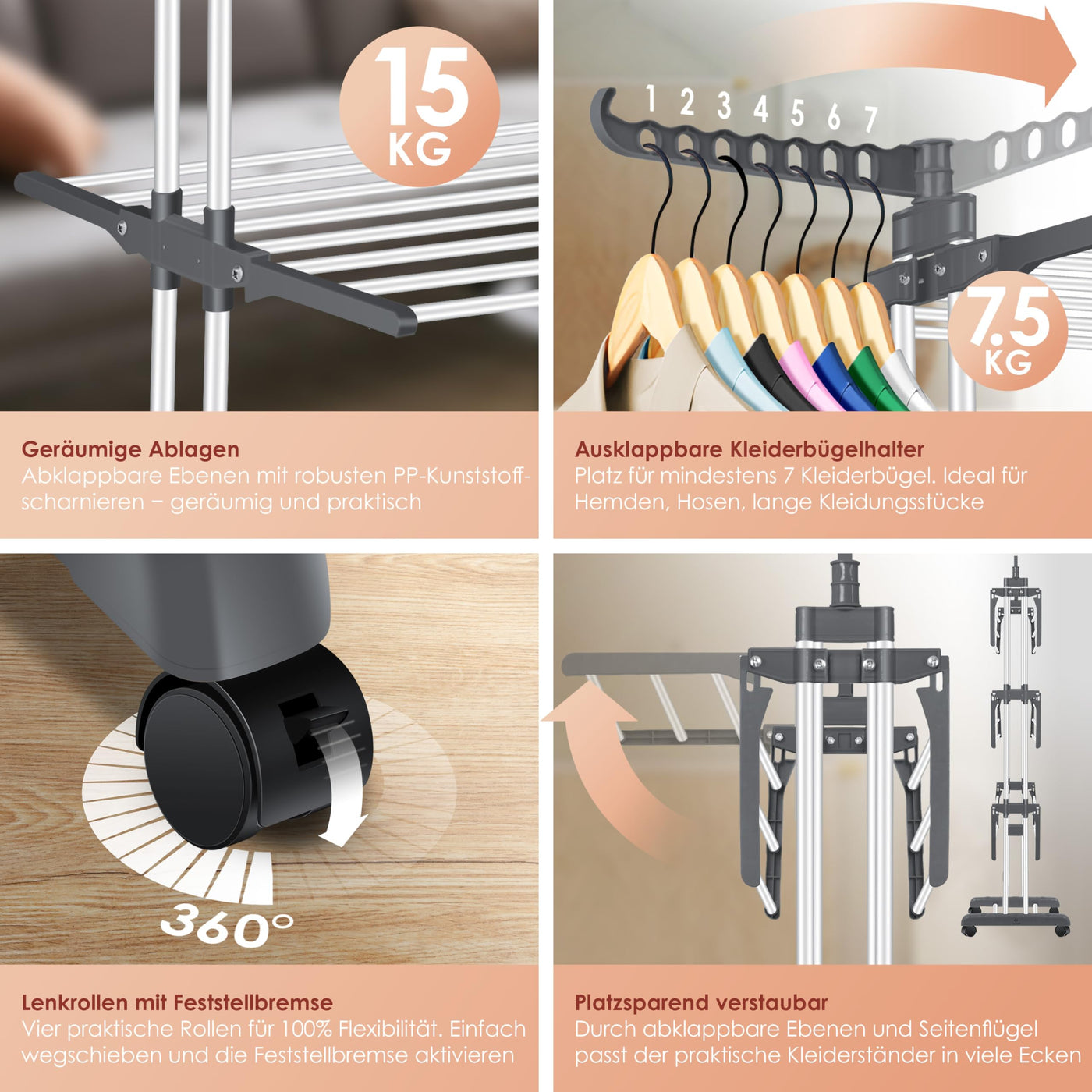 KESSER® Wäscheständer-Turm mit Rädern Platzsparender Wäschetrockner für Innen & Außen 4-Etagen 2 drehbare Seitenflügel und 6 klappbare Ebenen Standtrockner Wäscheturm Zusammenklappbar Weiß/Anthrazit