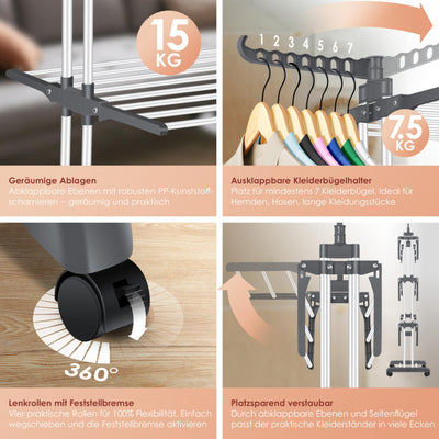 KESSER® Wäscheständer-Turm mit Rädern Platzsparender Wäschetrockner für Innen & Außen 4-Etagen 2 drehbare Seitenflügel und 6 klappbare Ebenen Standtrockner Wäscheturm Zusammenklappbar Weiß/Anthrazit