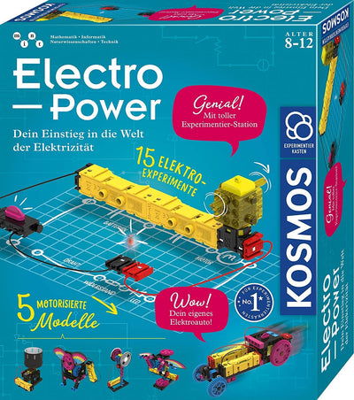 KOSMOS 620707 Electro Power – Einstieg in die Welt der Elektrizität, Amazon Exklusiv, Technik Experimentierkasten für Kinder ab 8 Jahre, Elektronik Baukasten mit 5 motorisierten Modellen
