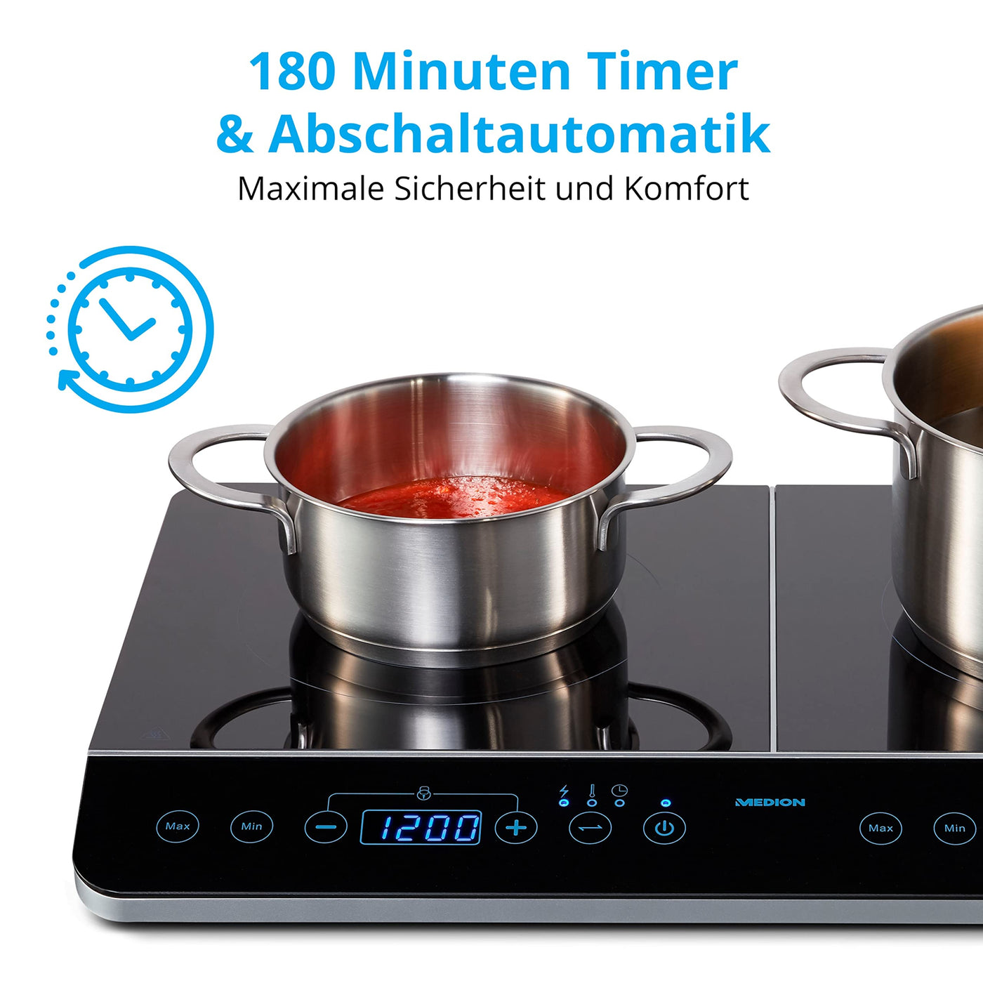 MEDION MD 15324 Doppel-Induktionskochplatte, 3500 Watt, Zwei Kochplatten, 10 Temperaturstufen, LED Display, schwarz