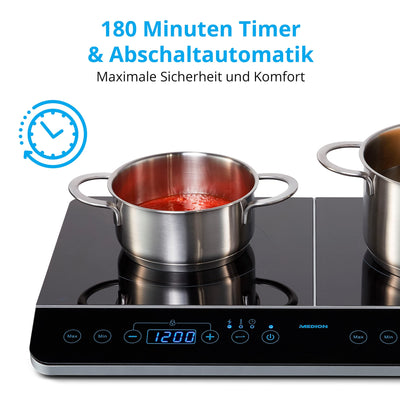 MEDION MD 15324 Doppel-Induktionskochplatte, 3500 Watt, Zwei Kochplatten, 10 Temperaturstufen, LED Display, schwarz