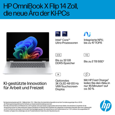 HP OmniBook X Flip 2in1 Next Gen AI Laptop | Intel Ultra 5-226V (8C) | dedizierte NPU für KI | 40 NPU Tops | Copilot+ PC | 16" WUXGA 1920x1200 Touchscreen | 16GB | 512GB SSD | Win11 | QWERTZ | Silber