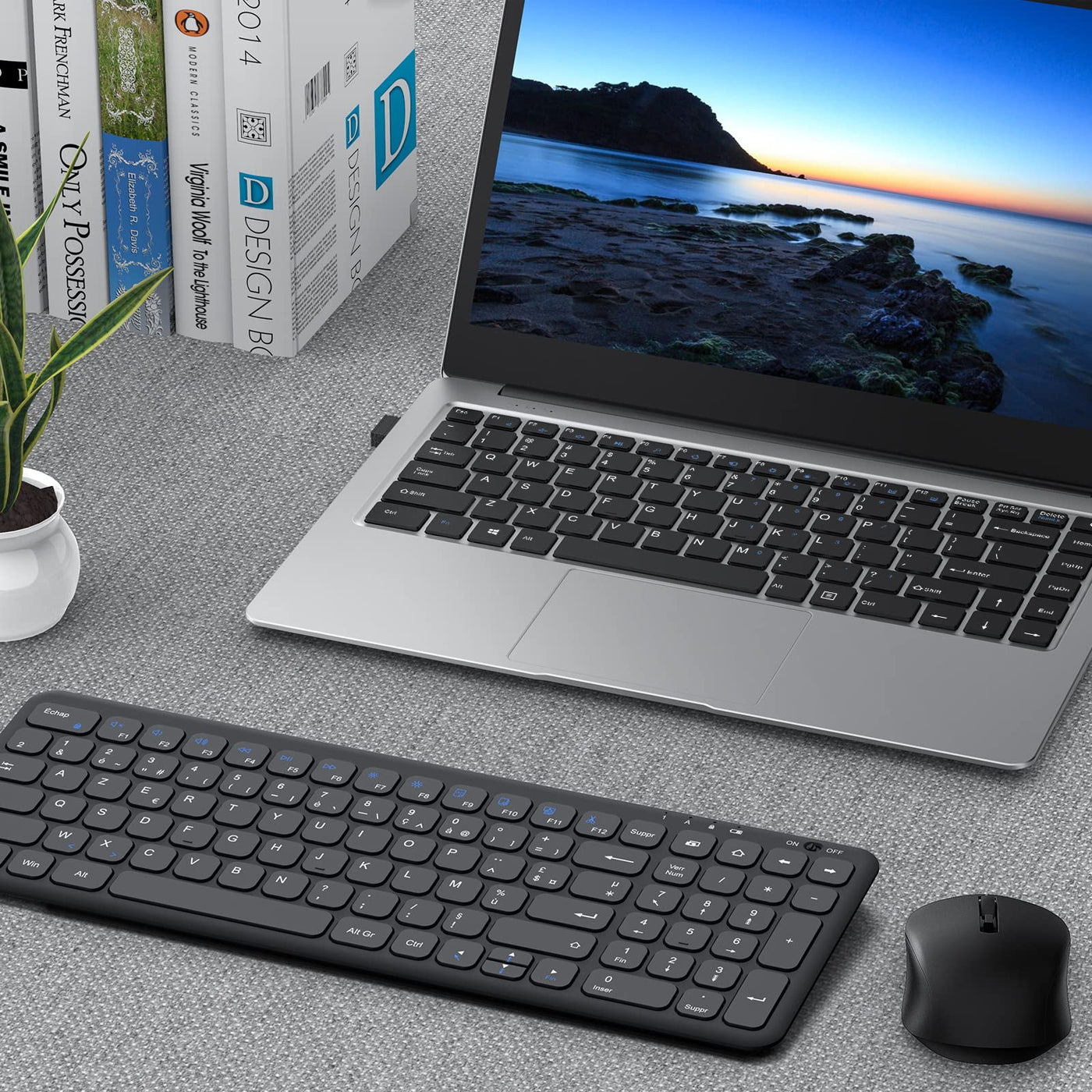 OMOTON Kabellose Tastatur, 2,4 GHz, AZERTY-Tastatur, leise, für Windows 10/8/7, PC, Computer, kabellose USB-Tastatur mit Ziffernblock, ultradünn, Schwarz
