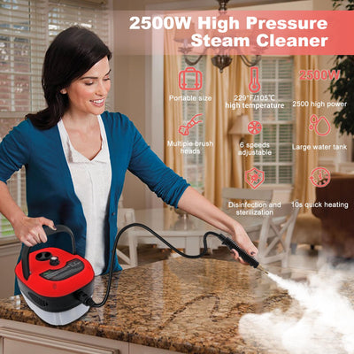 2500W Dampfreiniger, Handdampfreiniger für die Reinigung mit 6 Bürstenköpfen, 6 Geschwindigkeiten, hoher Druck, Temperatur, tragbarer Dampfreiniger für Polstermöbel, Küche, Möbel, Badezimmer, Auto