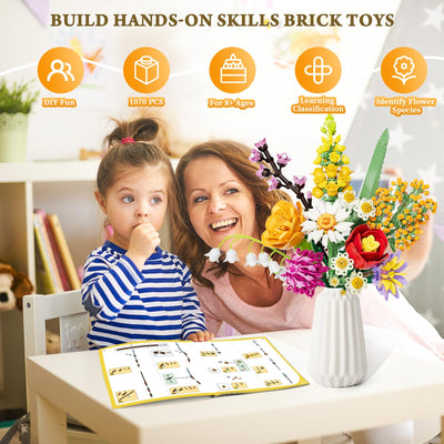 Blumenstrauß Bausatz, 1070 Stück Blumen Bauspielzeugset 10 Künstliche Blumen für Flowers, Botanical Kollektion Bauklötze, Geschenke zum Muttertag, Geburtstag, Muttertag, Vase Nicht Enthalten