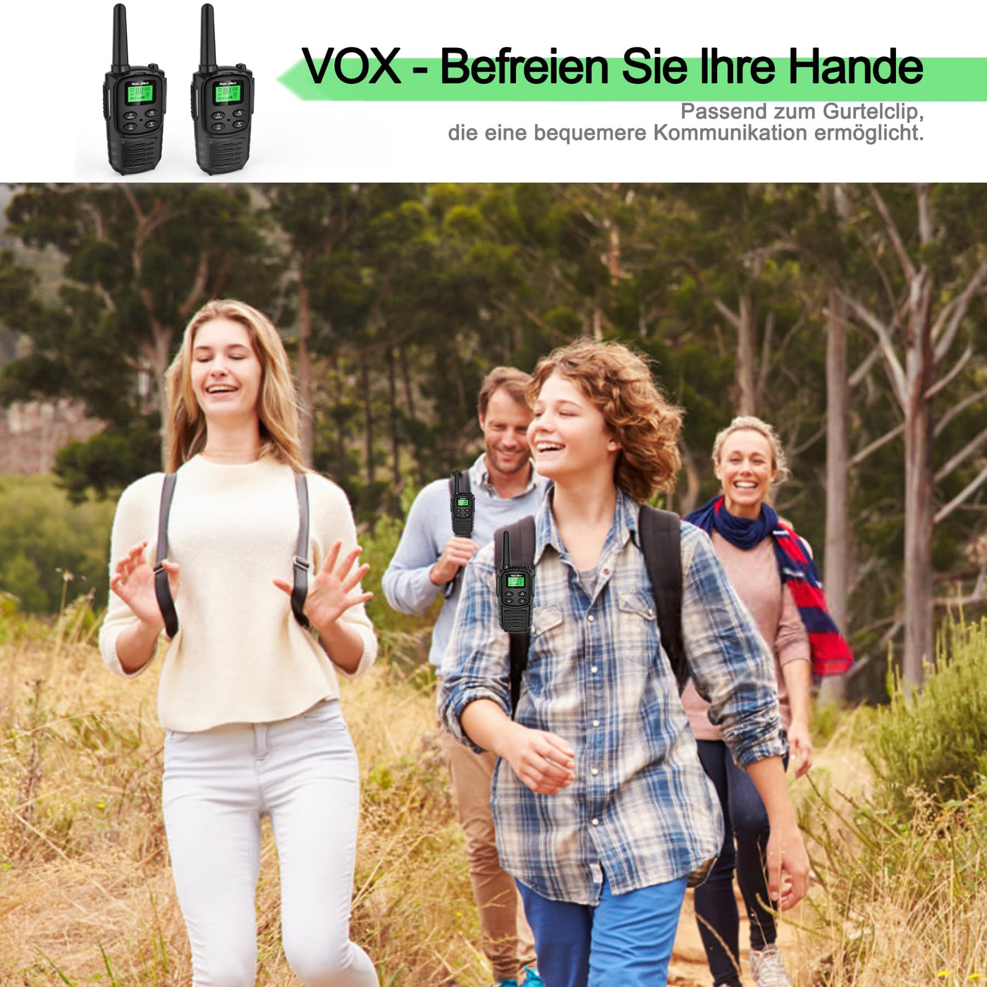 MaxTalker MT10 Walkie Talkie Aufladbar für Erwachsene Kinder Funkgeräte, 1200mAh Li-Ion Batterie, USB-C Kabel, LED Taschenlampe, VOX Funkgeräte für Wandern und Camping,4er Set