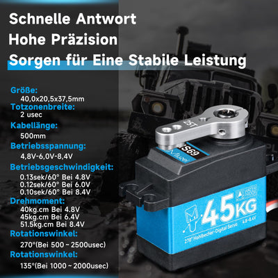 Miuzei RC Servo 45KG 270° Digital Servomotor High Torque Motor Metall Getriebe für 1/10 1/8 Auto Car Boot Roboter Arm Flugzeug Wasserdicht 4.8-6.0-8.4V Standart Servo mit 50cm Cable 25T Horn