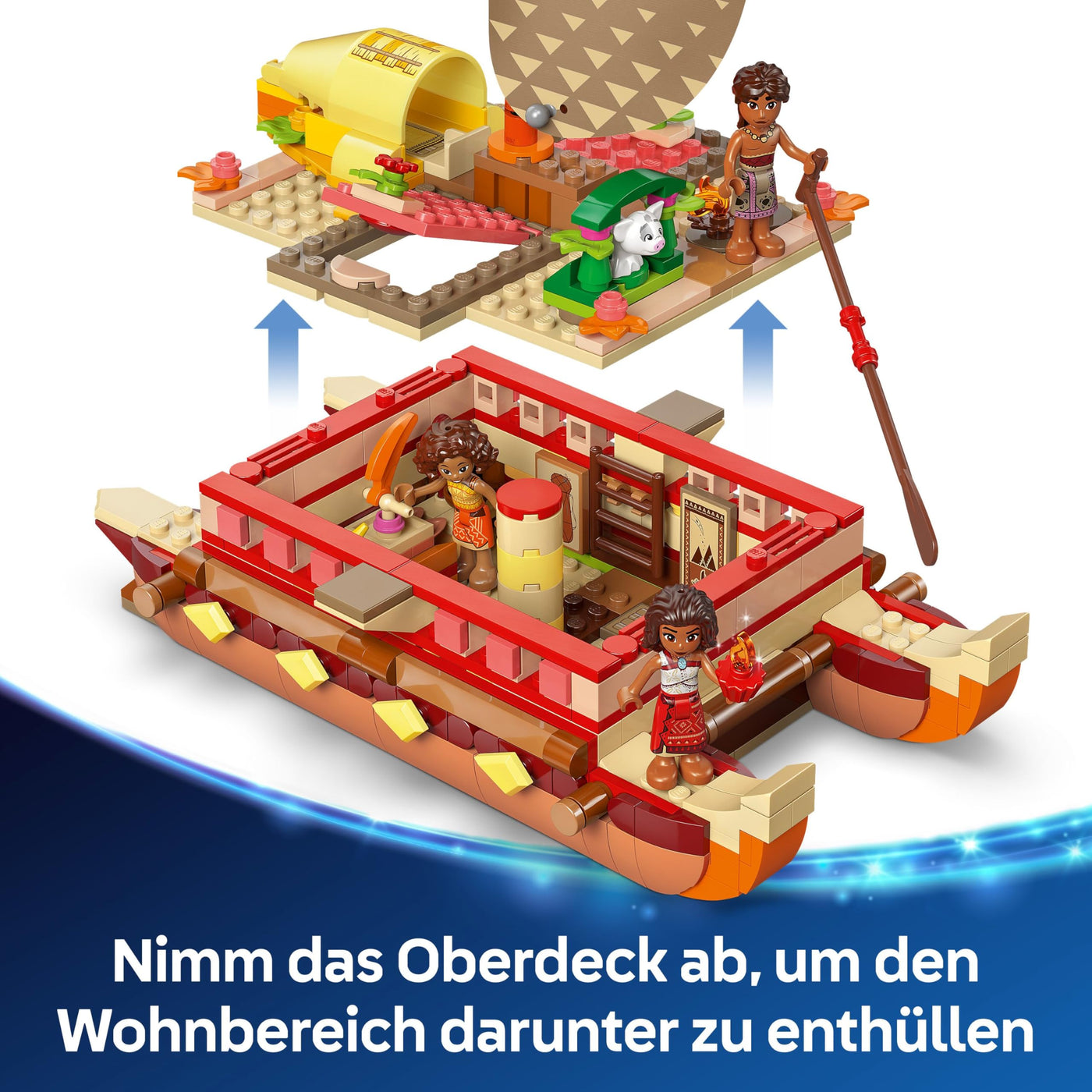 LEGO ǀ Disney Vaiana 2: Vaianas Abenteuerfloß - Spielzeug Boot mit Textilsegel, abnehmbarem Deck, Lagerfeuer & 3 Minifiguren, inkl. Loto und Moni – Geschenk für Mädchen ab 6 Jahren & Fans – 43270