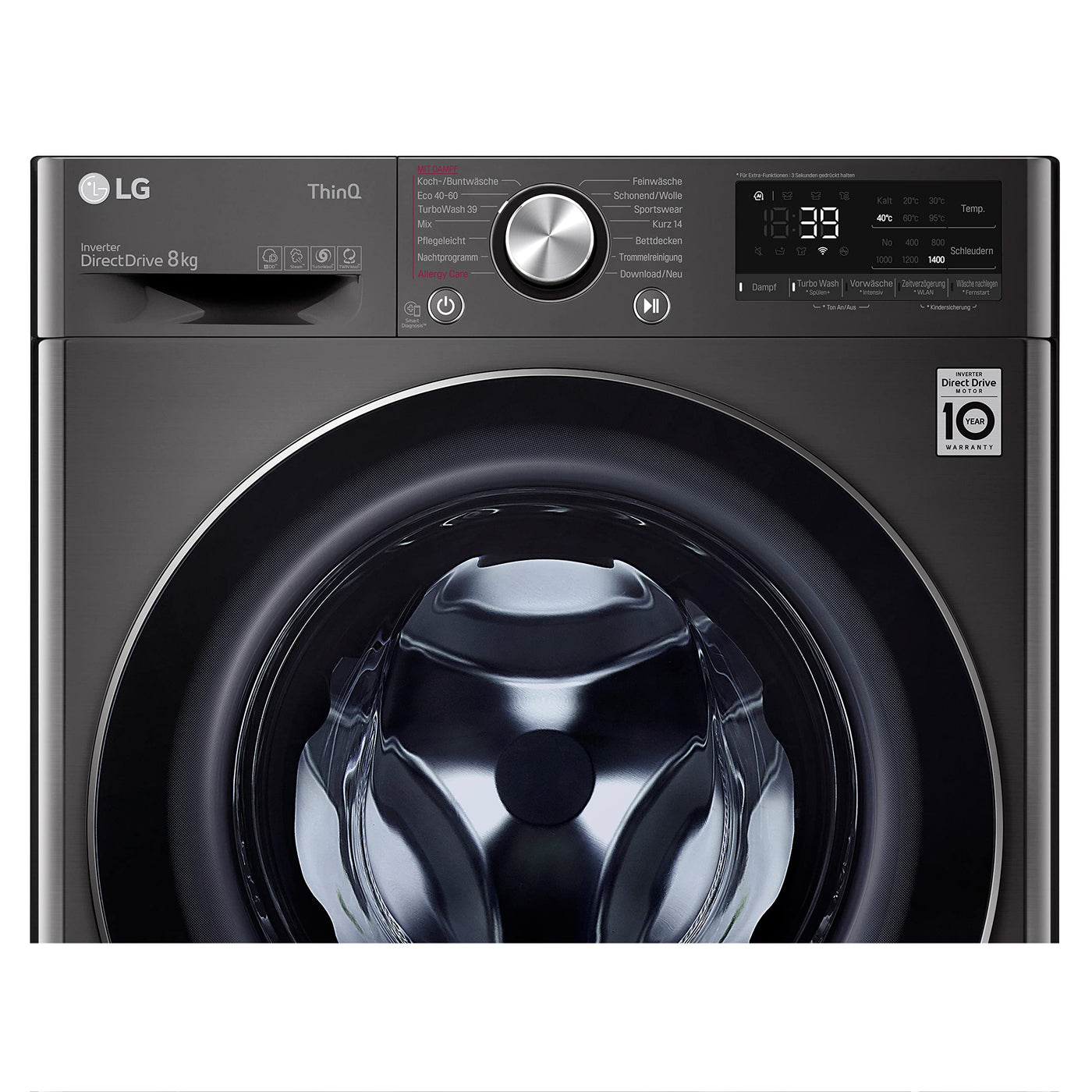 LG F4WV708P2BA, Klasse A, Frontlader-Waschmaschine 8 kg, Wi-Fi, AI Direct Drive, Tiefenreinigung mit Dampf, TurboWash 360°, TRIPLE A, Außentür aus gehärtetem Glas, 60x62x85 cm ꟷ Metallic Black Steel
