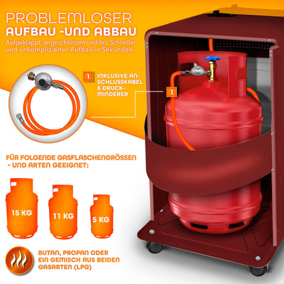 TRESKO 4200 Watt Gasheizung inkl. Gasdruckregler Gasschlauch + Abdeckung | Gasheizer Gasofen Gasheizofen mit 3 Stufen | Infrarot Gasheizgerät, Strahlend (Rot)