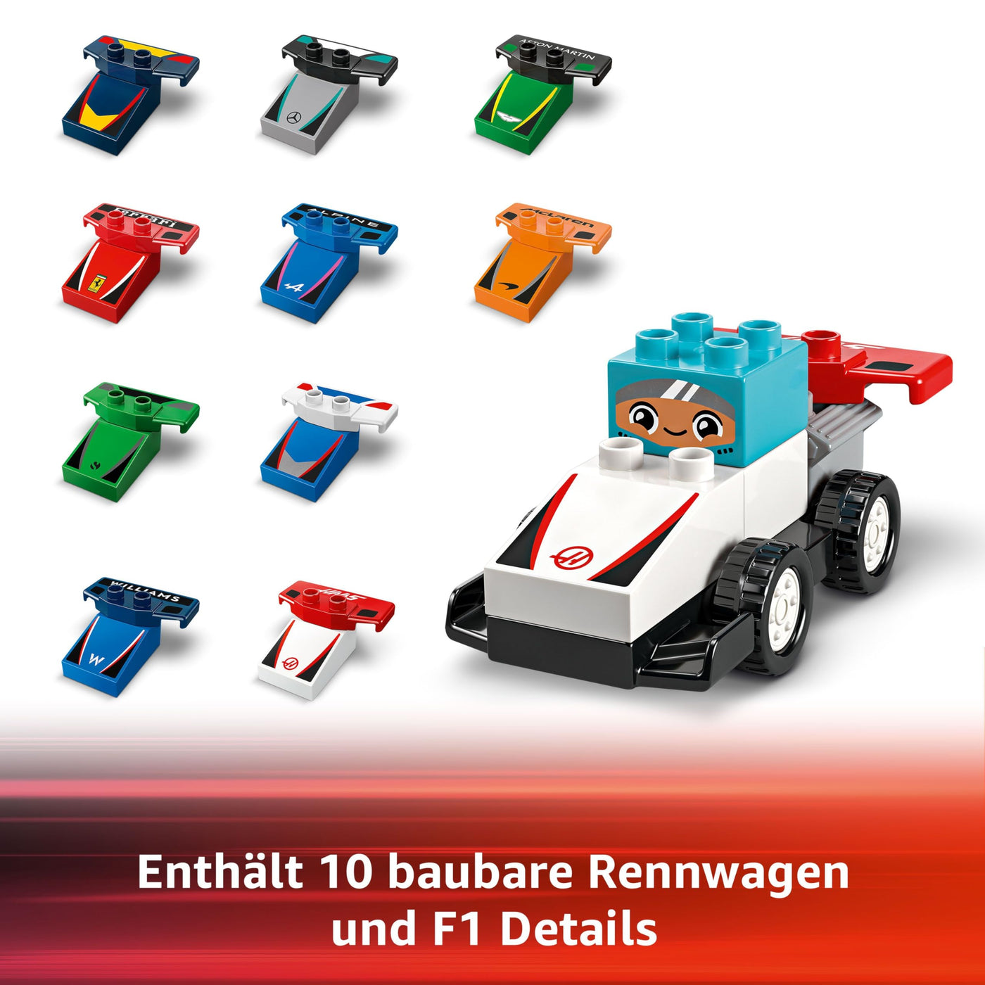 LEGO DUPLO Town F1 Team Rennautos mit Rennfahrern - Montessori Spielzeug für Mädchen & Jungen - Lernspielzeug für Kinder ab 2 Jahren - 10 Spielzeug Autos mit Kran, Startlichtern, Siegerpodest - 10445