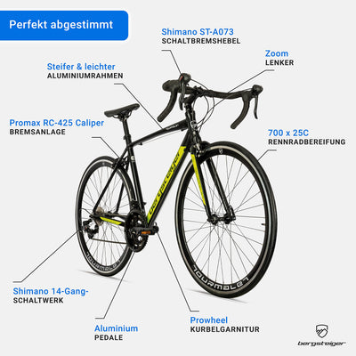 Bergsteiger Tourmalet 28 Zoll Rennrad, Aluminium Gravelbike mit Shimano 14 Gang-Schaltung, Gewicht nur 11 kg, Gravel Bike geeignet für Herren & Damen ab 170 cm