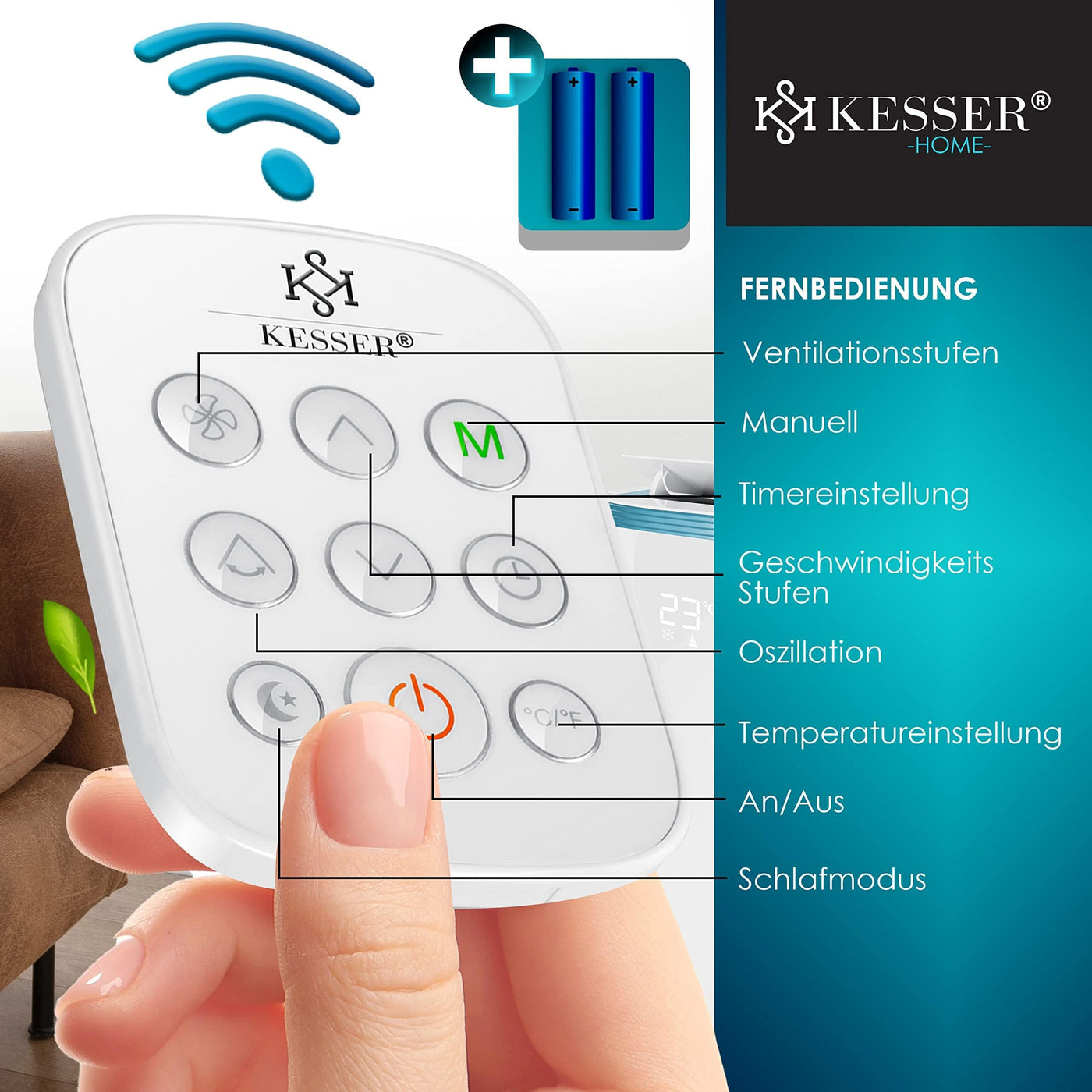 KESSER® Klimaanlage Mobil Klimagerät 4in1 kühlen, Luftentfeuchter, lüften, Ventilator - 9000 BTU/h (2.600 Watt) 2,7KW - Klima, Fernbedienung und Timer, Nachtmodul, Weiß