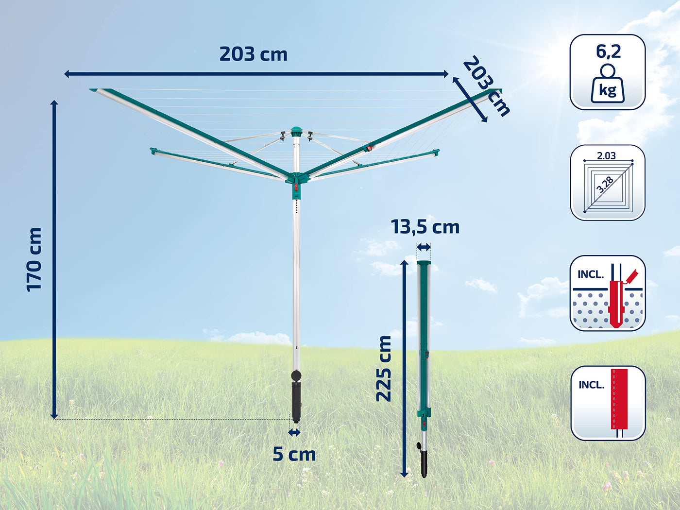 Leifheit Wäschespinne Linomatic 500 Deluxe Cover mit Leineneinzug für saubere Wäsche, Wäscheschirm für die ganze Familie, Wäscheständer inkl. Bodenhülse und Schutzhülle, 50m Leine für 5 Wäscheladungen