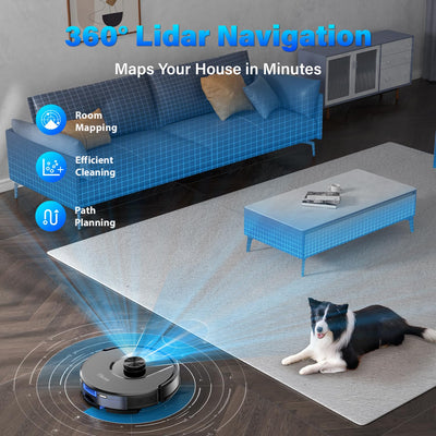Tikom Saugroboter mit Wischfunktion, L8000 Staubsauger Roboter mit LiDAR-Navigation, 45dB Roboterstaubsauger, 150 Mins Max, 14 No-Go-Zonen, 20 Virtuelle Wand, Gut für Tierhaare, Teppich, Hartboden