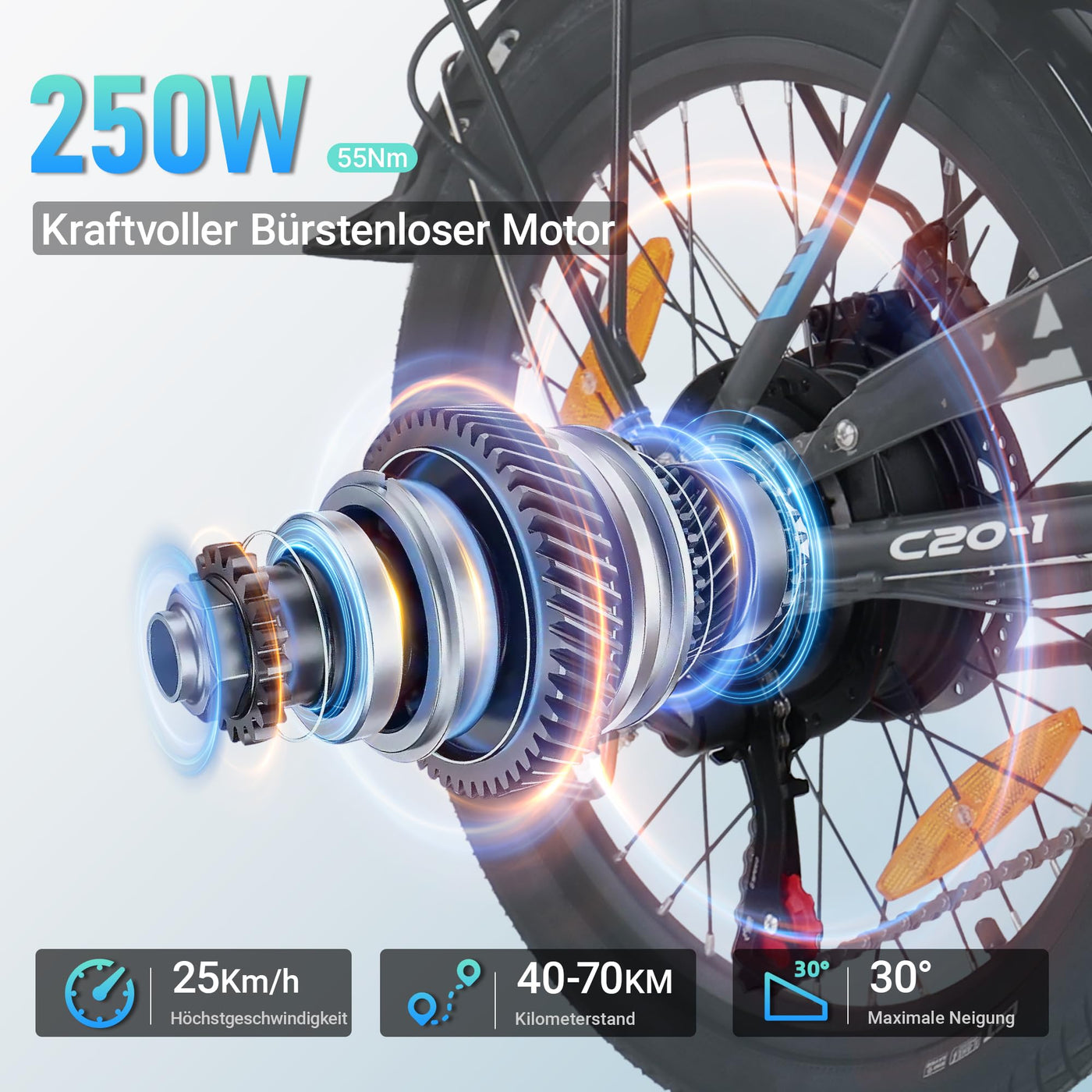AOIHO E Bike, 20" EBike Klapprad mit 48V 374.4 Wh Lithium-Akku, Reichweite Max 70KM, Elektrofahrräder 250W Motor, 5 Fahrmodi, City E Fahrrad Herren Damen mit 7 Gängen EU-Konformes Klapprad E-Bike