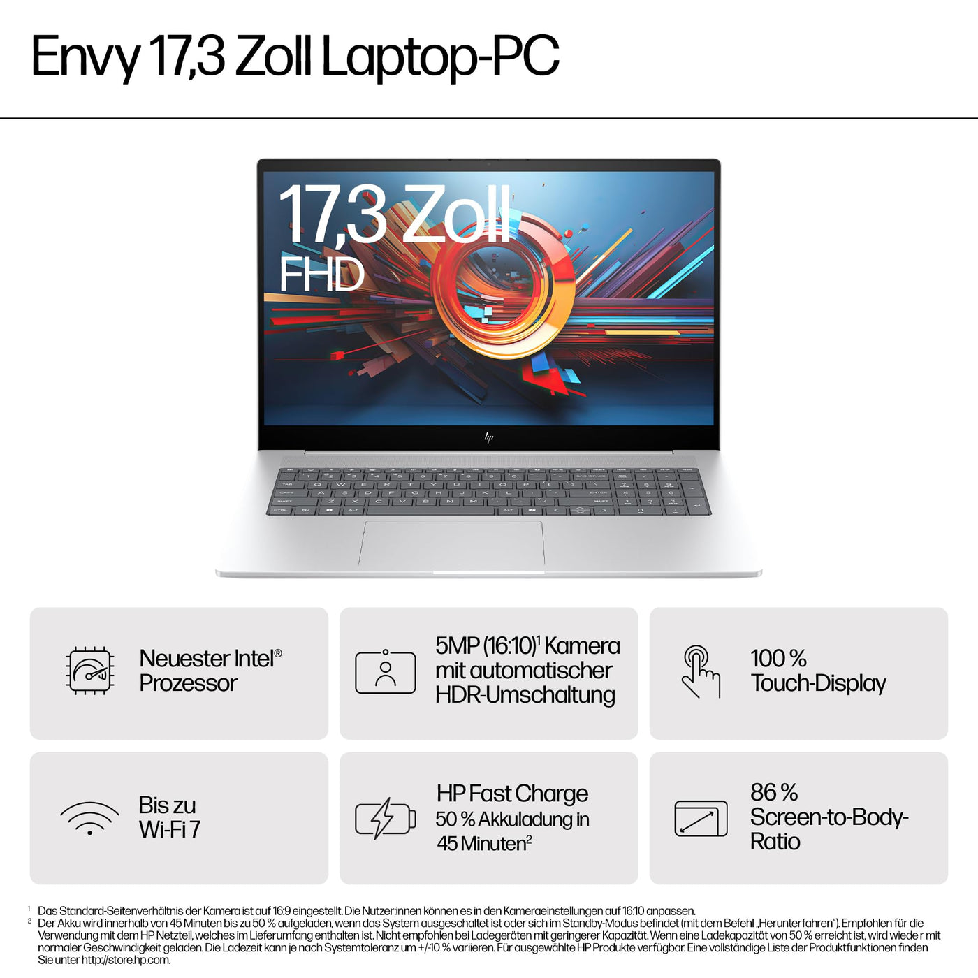 HP Envy Laptop | 17,3" FHD Touchscreen | Intel Core Ultra 7 155H | 16 GB DDR4 RAM (2X 8 GB) | 1 TB SSD | Intel Arc Graphics | Windows 11 Home | Copilot+ Key | QWERTZ Tastatur | Silber