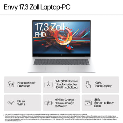 HP Envy Laptop | 17,3" FHD Touchscreen | Intel Core Ultra 7 155H | 16 GB DDR4 RAM (2X 8 GB) | 1 TB SSD | Intel Arc Graphics | Windows 11 Home | Copilot+ Key | QWERTZ Tastatur | Silber