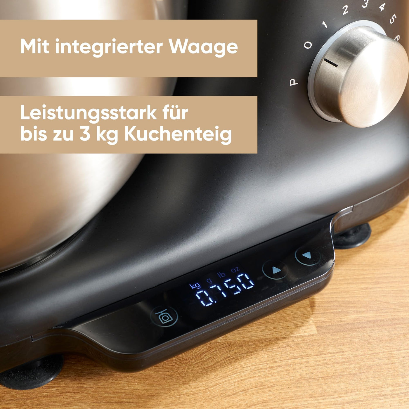 SEVERIN Küchenmaschine mit Waage, große Knetmaschine für bis zu 3 kg Kuchenteig, robuste Teigmaschine mit Knethaken, Flachrührer und Schneebesen, 1.000 W, schwarz, matt/Edelstahl, KM 3898, 3.8