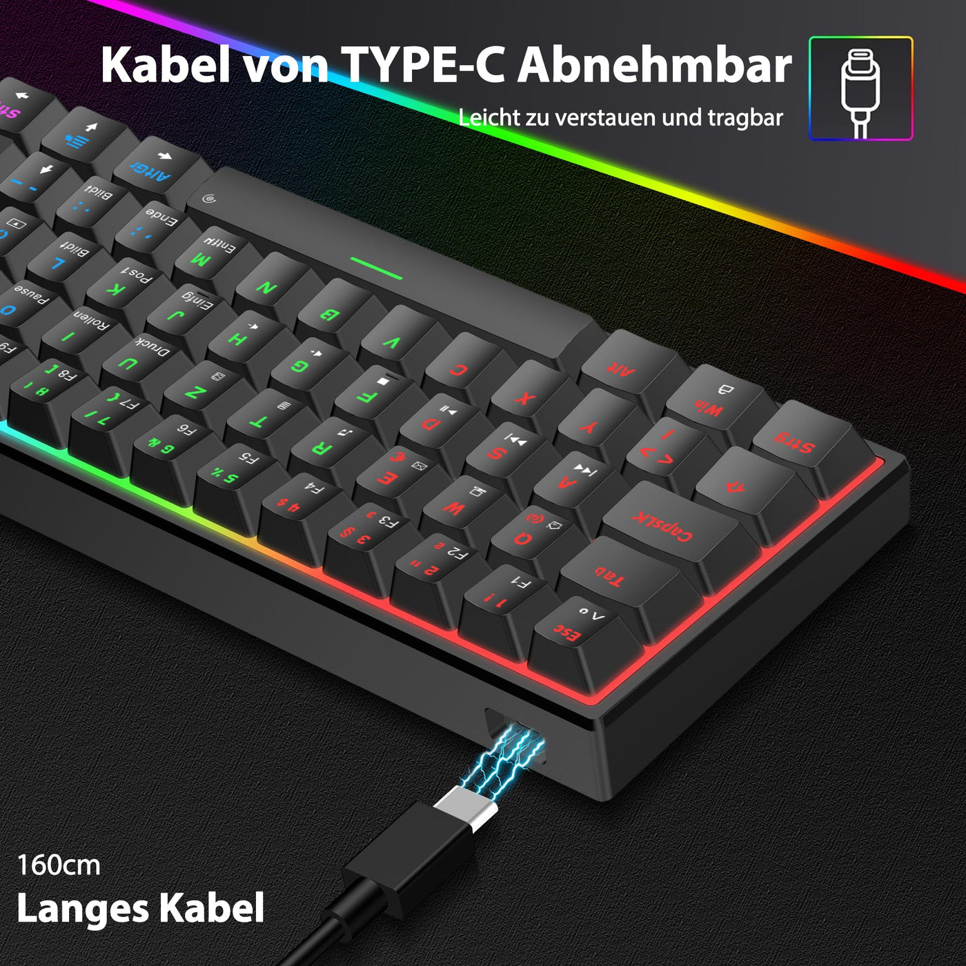 Snpurdiri 60% kabelgebundene mechanische Gaming-Tastatur, 62 Anti-Ghosting-Tasten, Blaue LED-Hintergrundbeleuchtung, ultrakompakte Zwei Stände (Rot Schalter/62 schwarz)